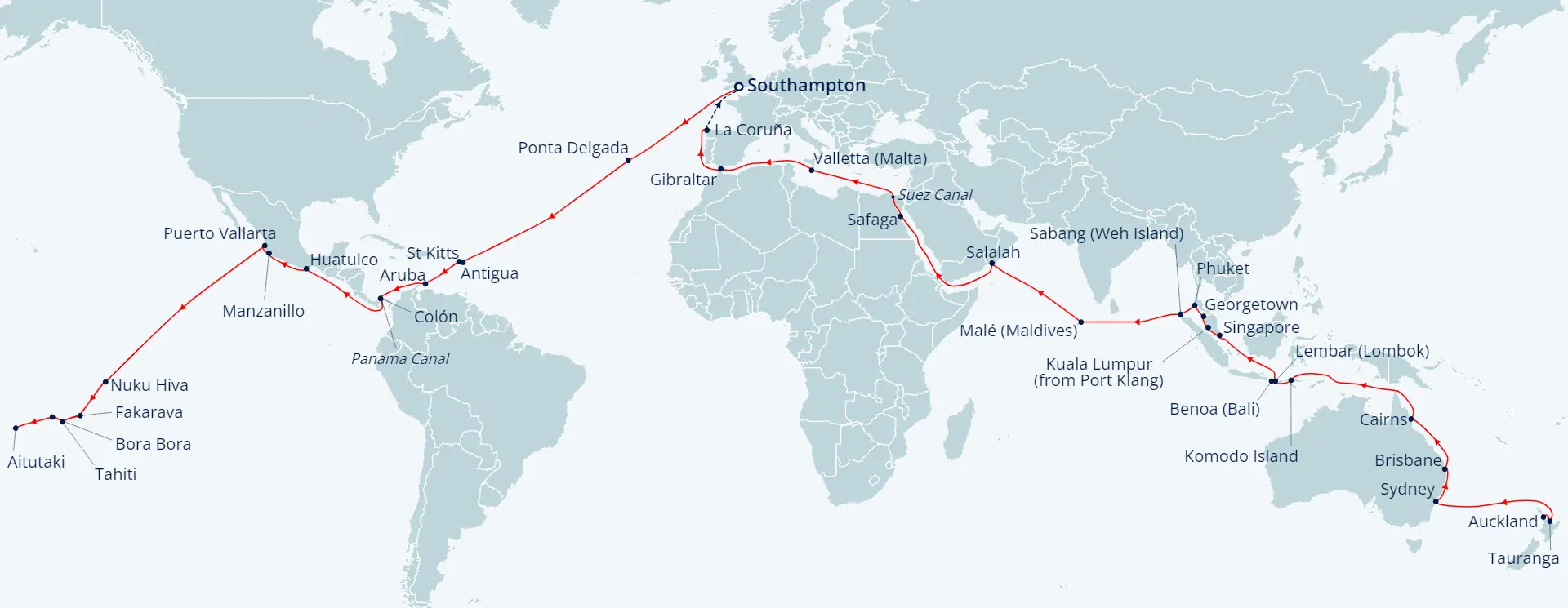 Route for the Fred. Olsen World Cruise in 2026